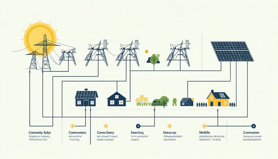 Diagram illustrating how solar energy is distributed across multiple farm properties in a community network