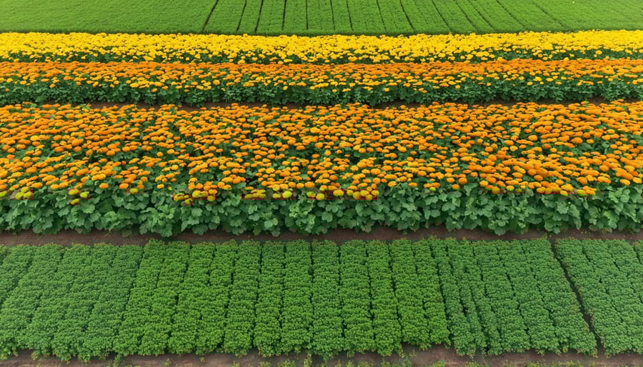 Overhead view of agricultural field showing companion planting patterns with flowering pest-deterrent plants