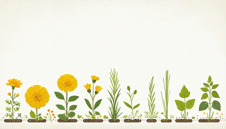 Illustrated layout of companion planting arrangements for natural pest control
