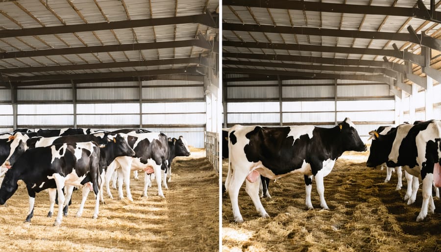 Side-by-side comparison of a dairy barn before and after seismic reinforcement upgrades
