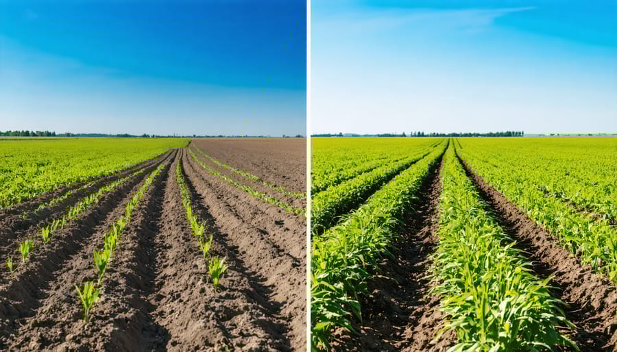 Side-by-side comparison of crops treated with and without diatomaceous earth pest control