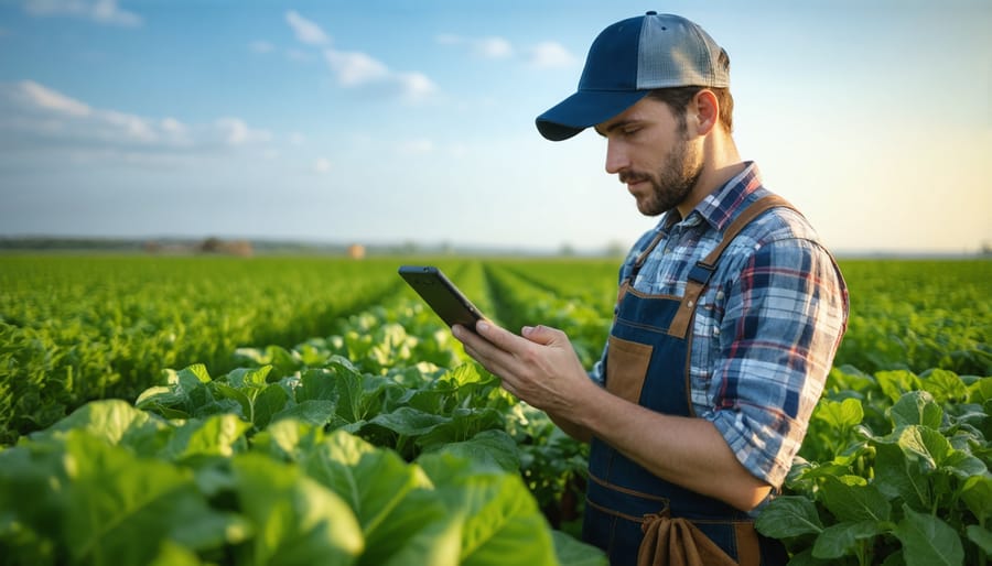 Farmer using tablet device to learn about crop management while standing in wheat field