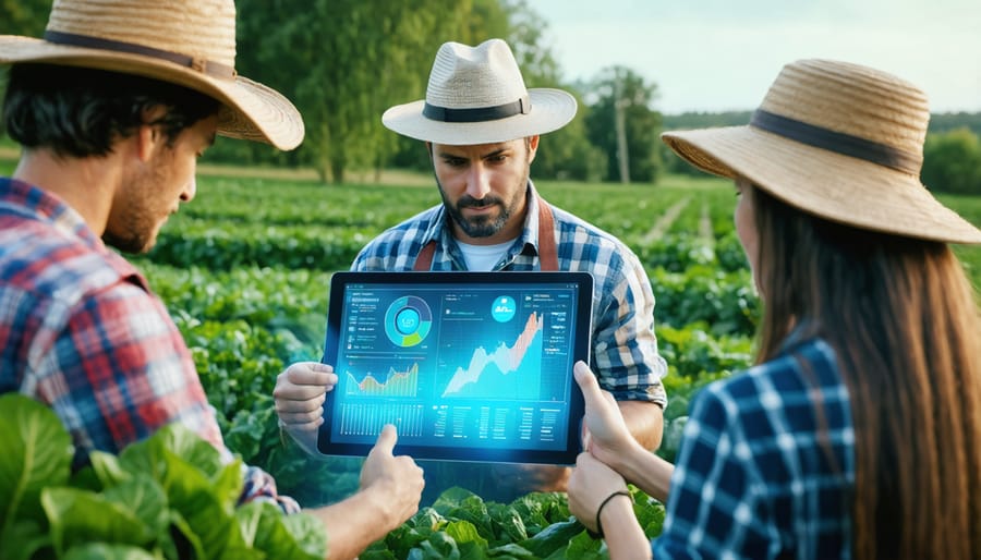 Group of diverse farmers examining agricultural data on a shared tablet device