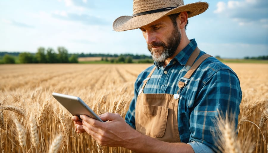 Alberta farmer analyzing real-time crop data on a tablet while standing in a golden wheat field