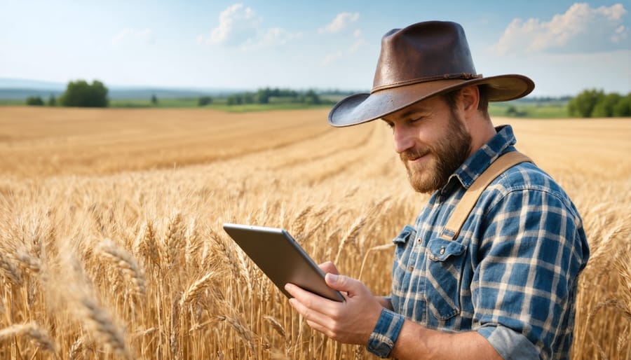 Canadian farmer standing in golden wheat field viewing agricultural education content on tablet device