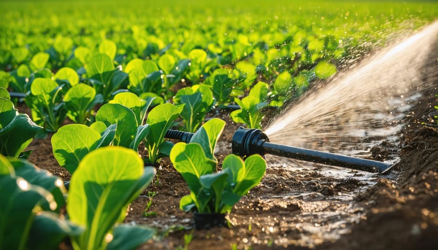Drip irrigation system delivering water directly to crop roots in an Alberta field