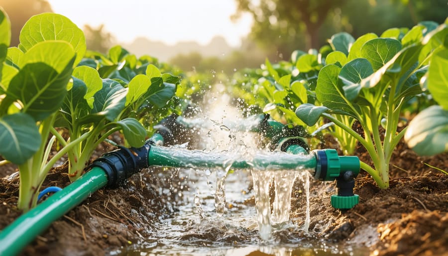 Close-up view of drip irrigation tubes delivering water directly to crop roots