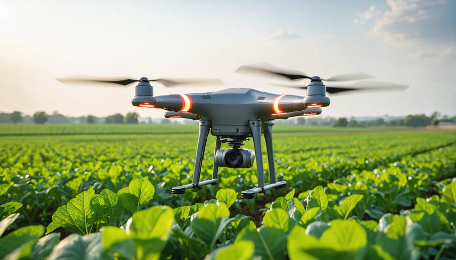 Drone flying over farm field capturing pest monitoring data with visible sensor equipment