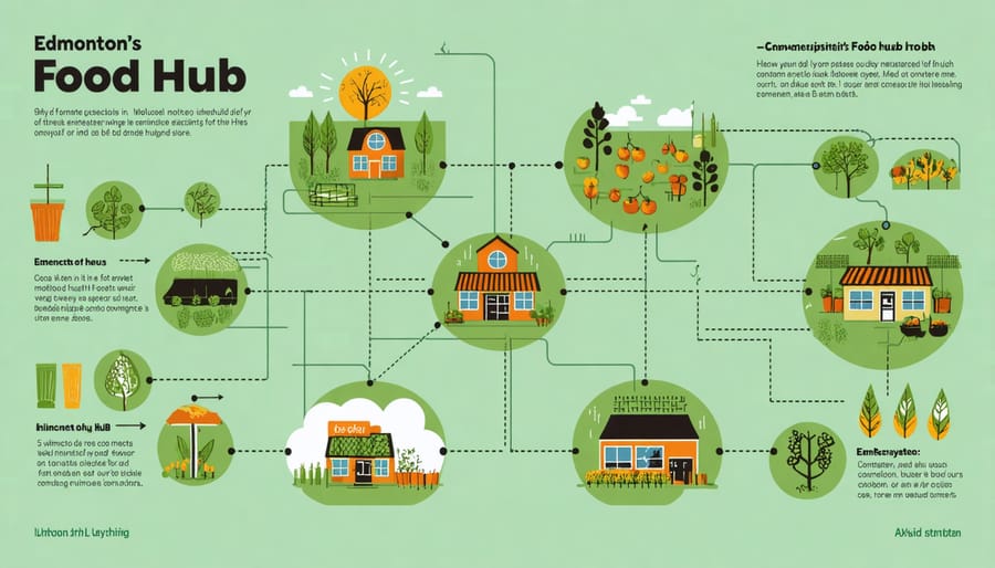 Visual diagram illustrating the connections between producers, distributors, and consumers in Edmonton's food system