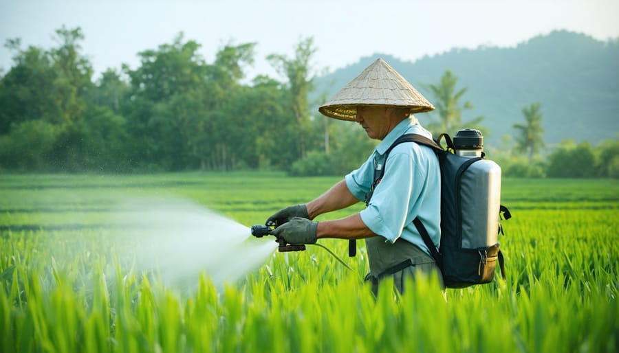 Organic farmer applying essential oil-based pest control spray to crops