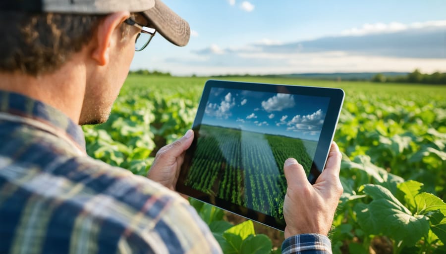 Farmer analyzing soil carbon data on digital device in wheat field
