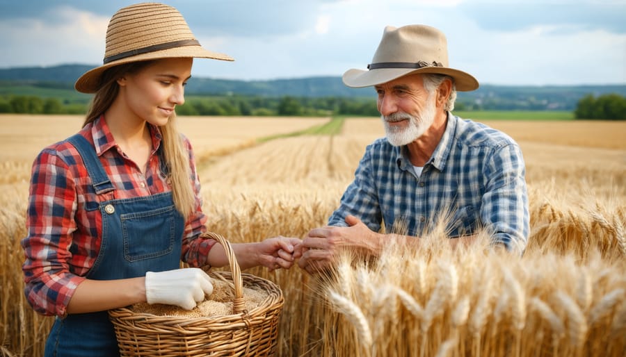 Experienced farmer showing crop assessment techniques to apprentice in Alberta wheat field