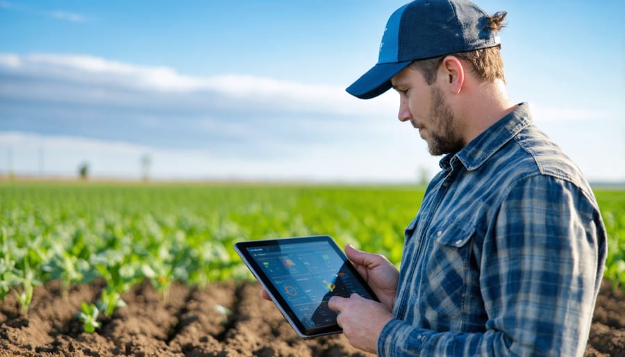 Farmer using tablet to monitor smart soil moisture sensors in agricultural field