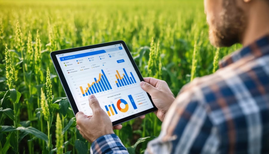 Alberta farmer analyzing digital pest monitoring data on mobile device with crops in background