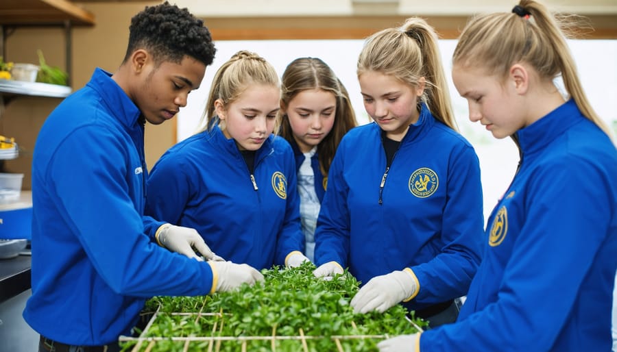 Students in FFA uniforms learning about agricultural technology