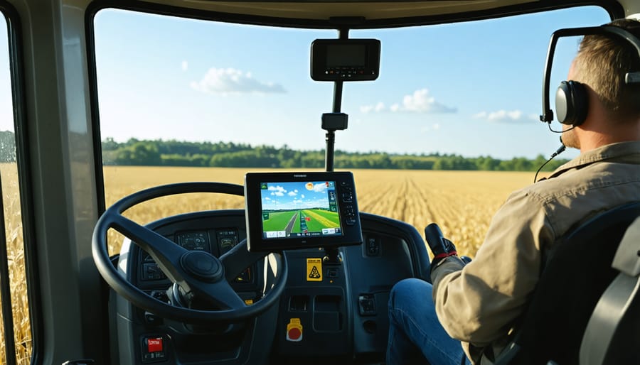 Modern tractor cabin interior showing GPS navigation screen and precision farming monitors