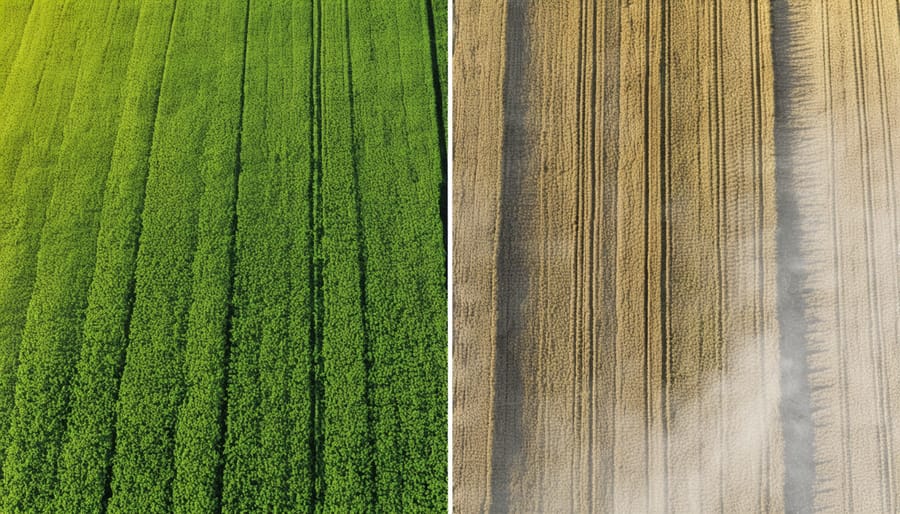 Side-by-side aerial comparison of traditional versus water-efficient irrigation on an Alberta grain farm