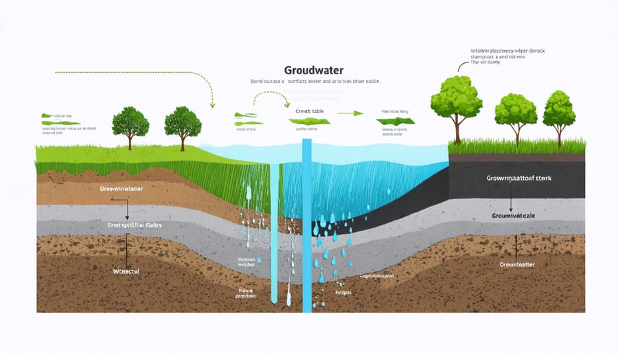 Illustrated cross-section of soil layers showing groundwater movement and interaction with surface water