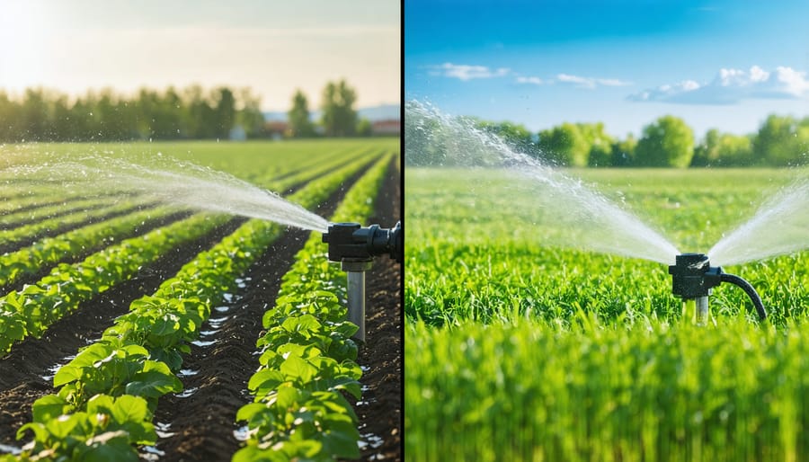 Side-by-side comparison of traditional sprinkler irrigation versus modern precision irrigation systems in operation