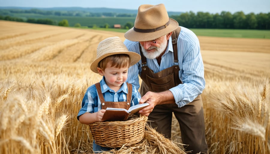 Experienced farmer teaching crop assessment methods to next generation farmer in Alberta wheat field