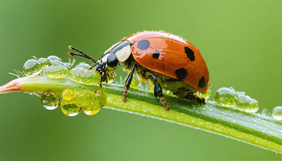 Adult ladybug actively consuming aphids on a green plant leaf