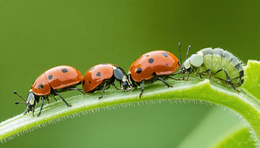 Close-up photo of beneficial ladybugs controlling aphid pests on a plant leaf
