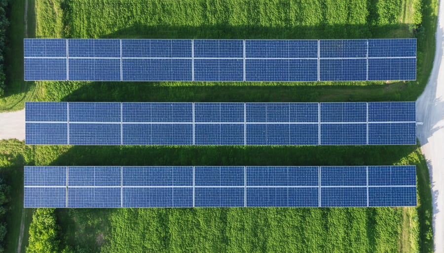 Community solar farm network spanning several agricultural properties with crops visible between arrays