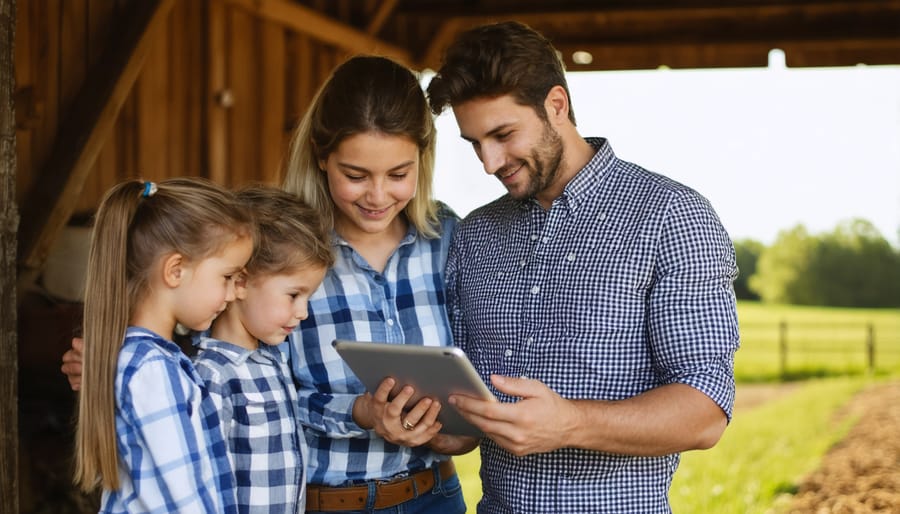 Three generations of farmers collaborating using modern farm technology in traditional barn setting