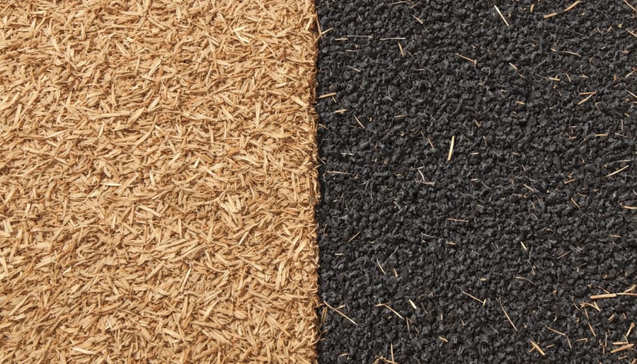 Comparison showing traditional black plastic mulch next to brownish biodegradable mulch material