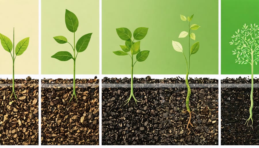 Four-panel image showing progressive decomposition of biodegradable mulch in Alberta soil over time