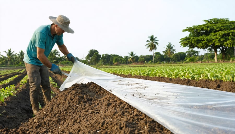 Agricultural worker laying biodegradable mulch film on field using mechanical mulch layer