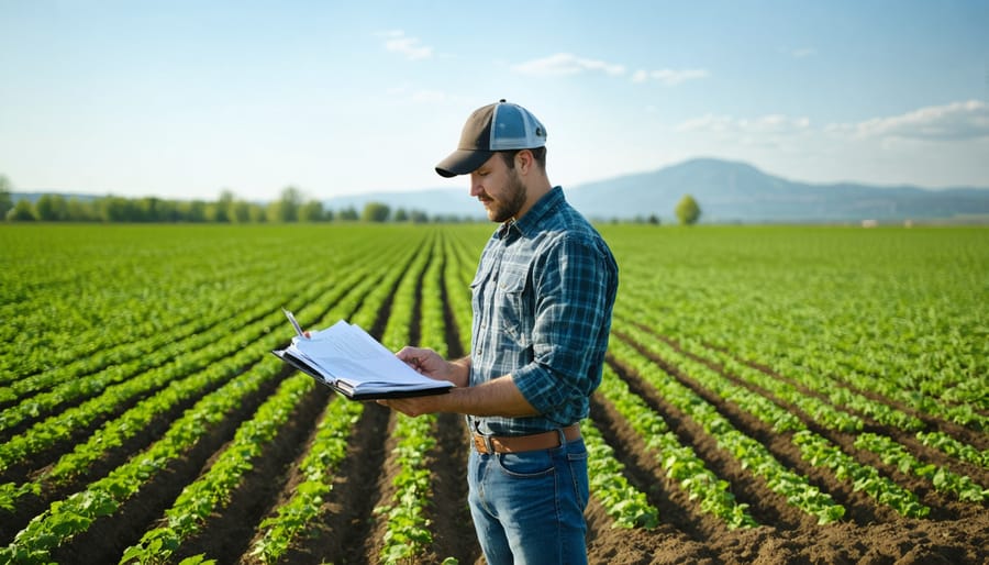 Farmer reviewing organic certification documentation in the field with crops in background