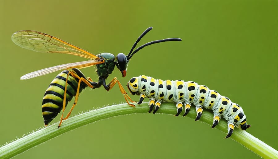 Microscopic view of a parasitic wasp near its caterpillar host