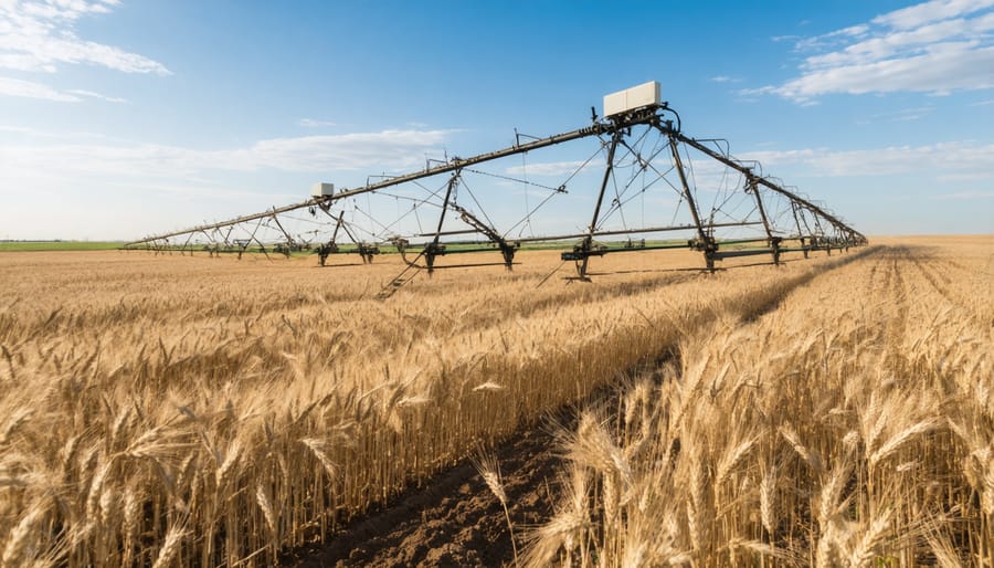 Modern precision irrigation system operating in a vast wheat field with visible soil moisture sensors
