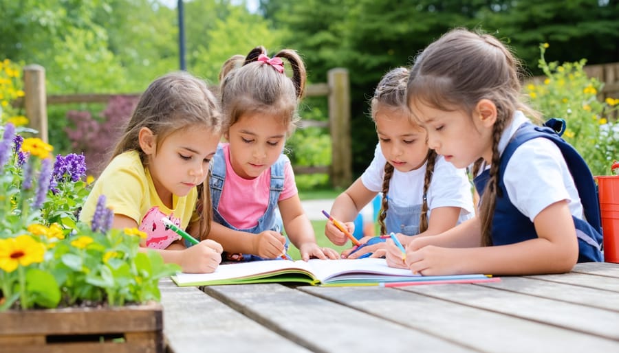 Children tending to vegetables in a Calgary school garden while teacher demonstrates planting techniques