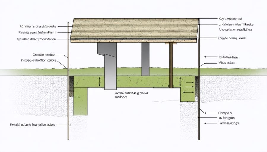 Cross-sectional diagram of seismic foundation design featuring base isolation and reinforcement details