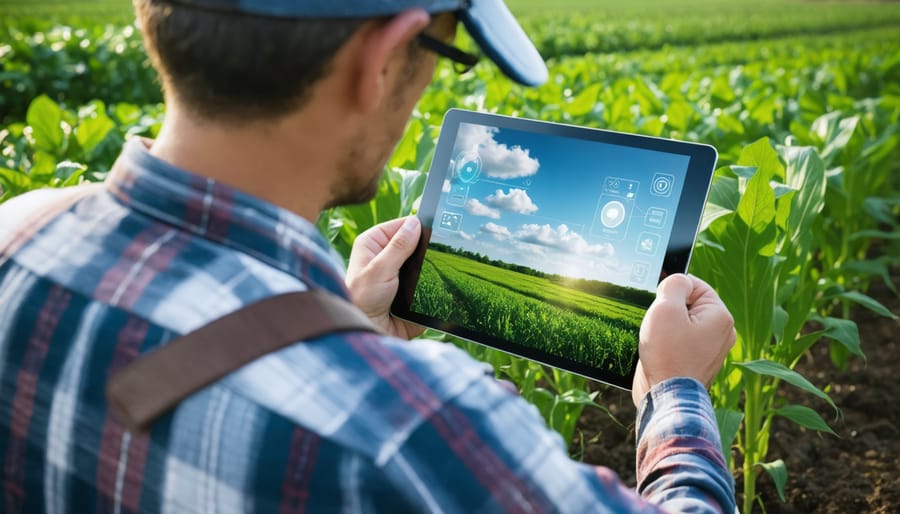 Agricultural professional reviewing real-time water and energy usage data on a tablet in front of irrigation equipment