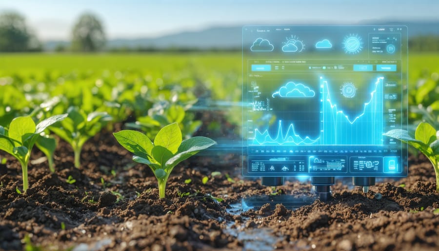 Digital smart irrigation control panel displaying soil moisture readings and weather data