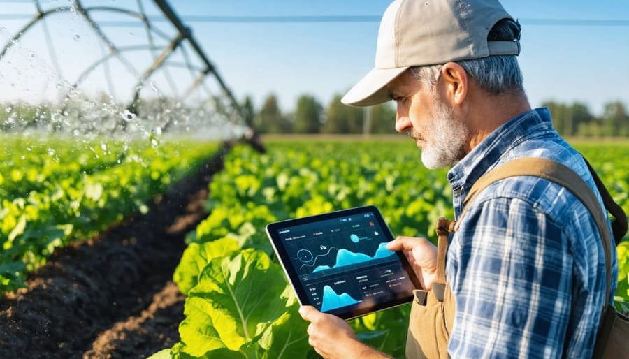 Female farmer analyzing irrigation data on tablet device while standing in field