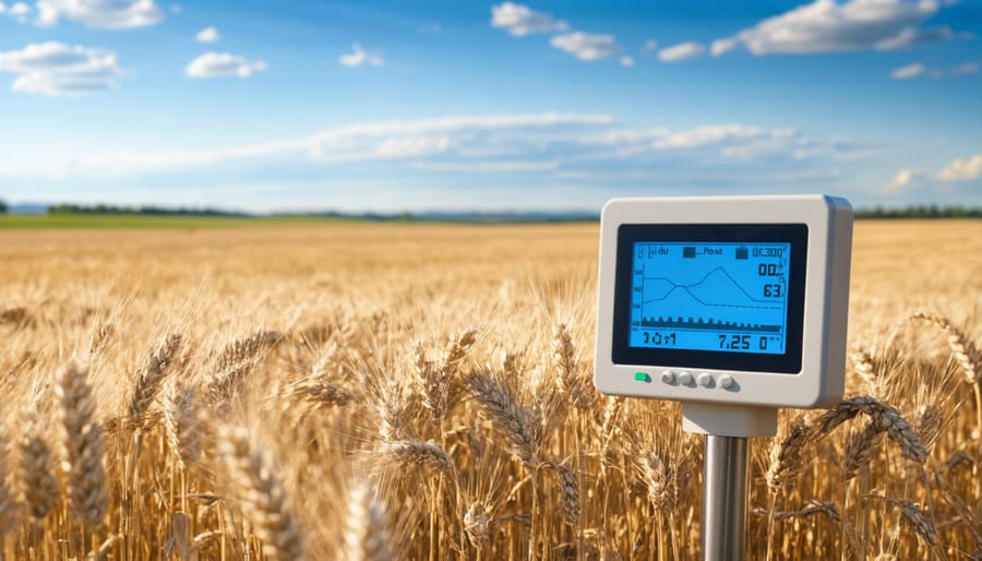 Smart soil moisture sensor displaying moisture data in wheat field