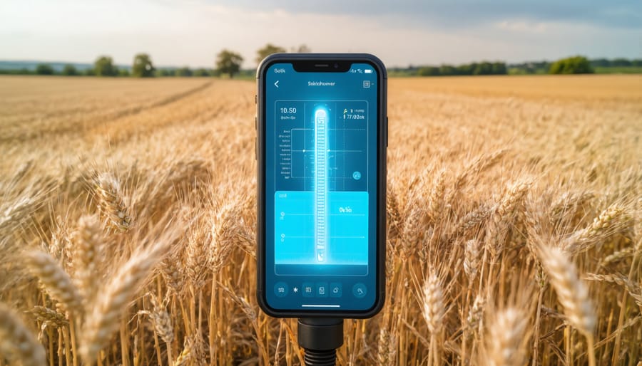 Smart soil moisture sensor in Alberta wheat field with digital readout display