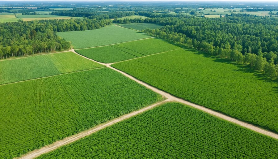Aerial view of a diverse Canadian farm showing integrated rows of trees among crops and pasture