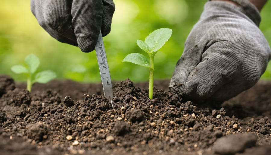 Farmer's hands holding rich soil with moisture meter and pH testing equipment visible