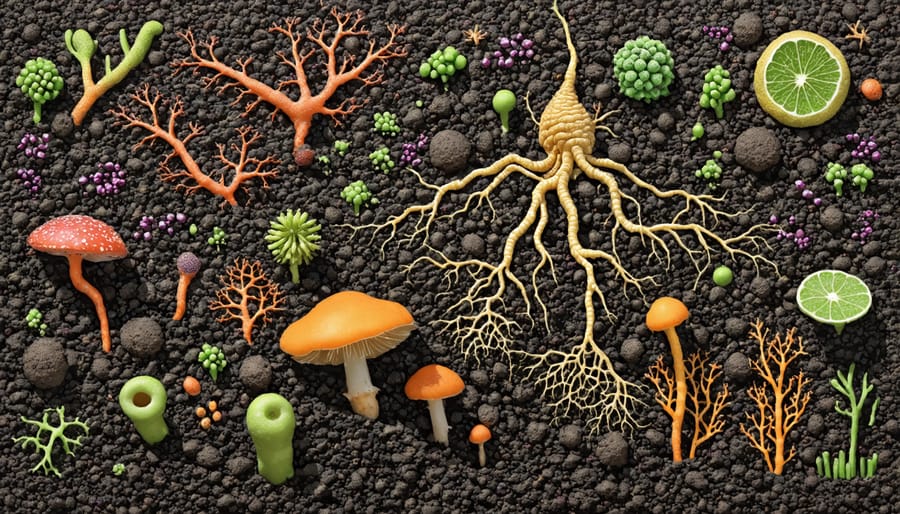 Microscopic image of soil biodiversity showing various microorganisms and root systems