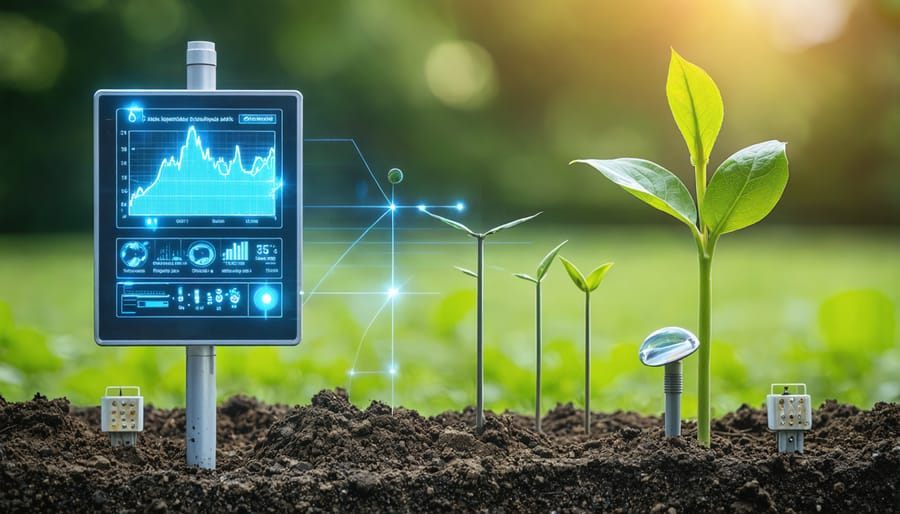 Digital soil moisture monitoring equipment installed in an agricultural field