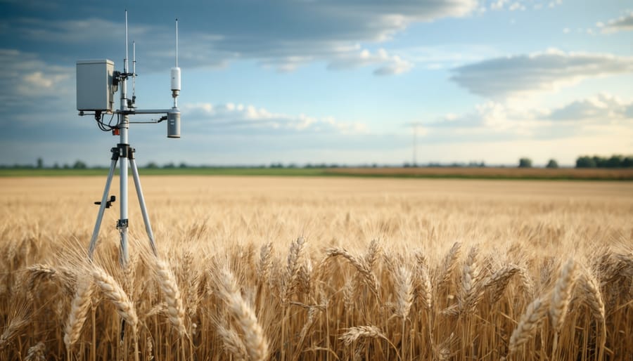 Array of soil moisture sensors deployed across a Canadian wheat field with local weather monitoring station