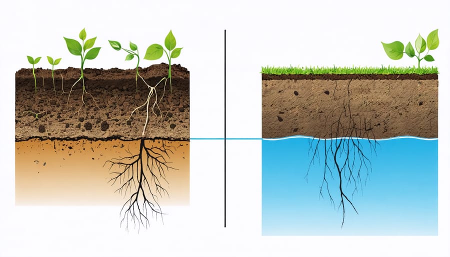 Side-by-side comparison showing dark, rich soil with visible moisture content next to dry, compacted soil