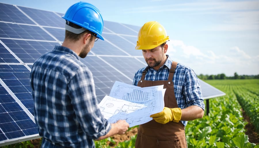 Agricultural professional and solar consultant examining renewable energy site plans on a tablet while standing in a field
