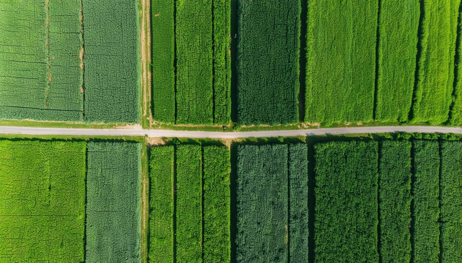Drone shot of multiple adjacent farms showing integrated sustainable farming methods