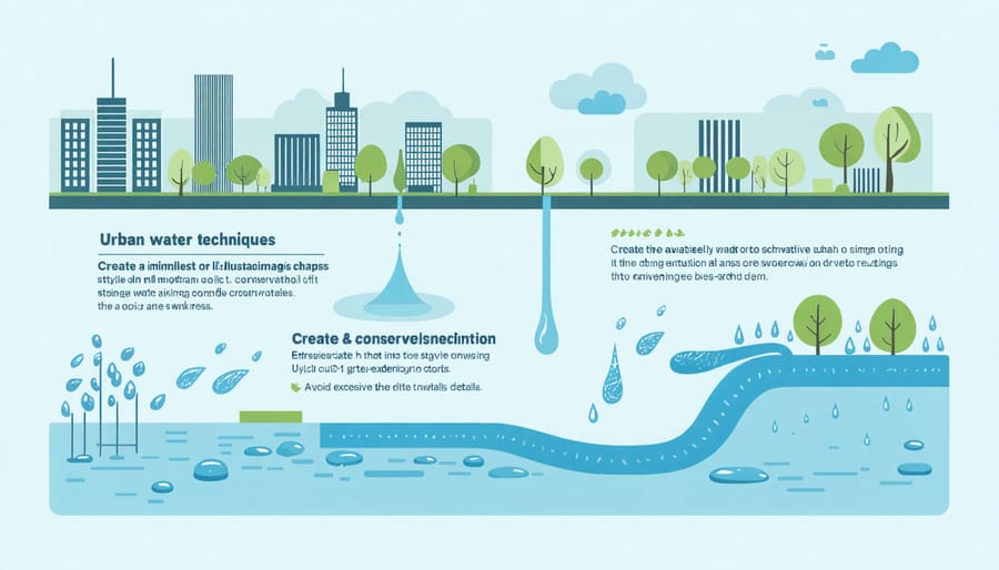 Diagram illustrating different water conservation methods including drip irrigation and rainwater harvesting